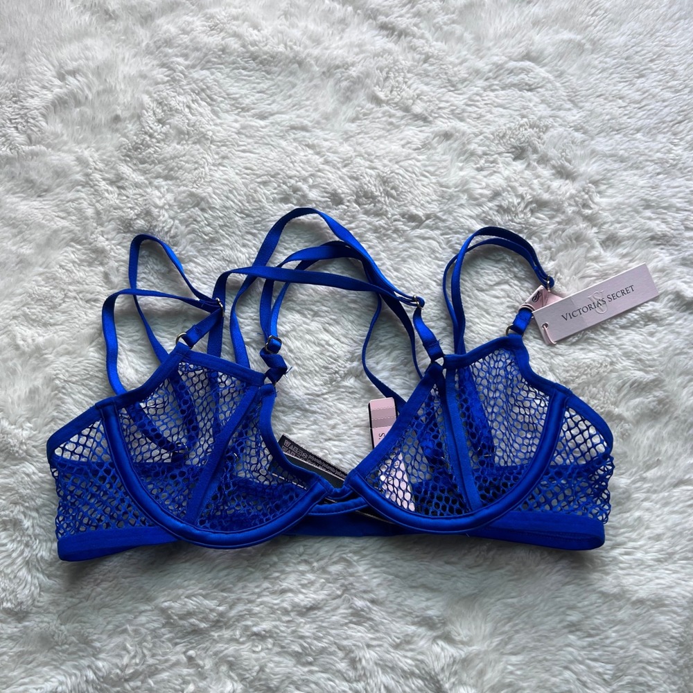 Victoria's Secret Royal Blue Fishnet Mesh Unlined Strappy Bralette XS 11221813 - Picture 1 of 9